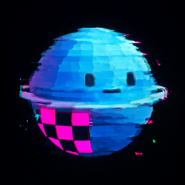 Q Glitch: a blue quantum ball with a ring, torn by scan lines, lower half eaten by a pink and black missing-texture checkerboard